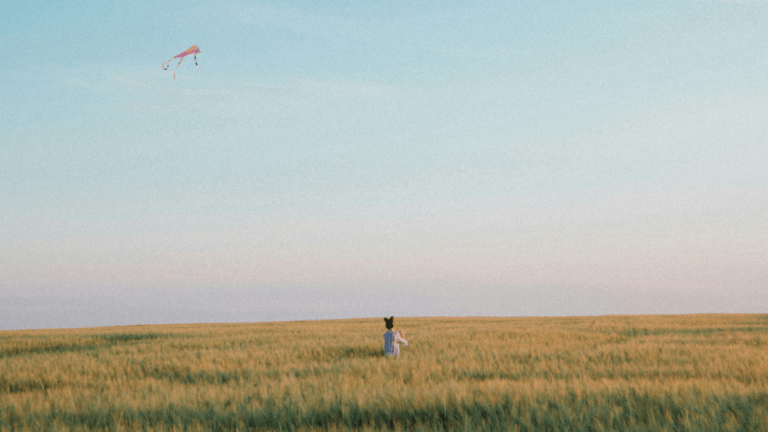 Girl standing alone in an open field flying a kite under a wide sky