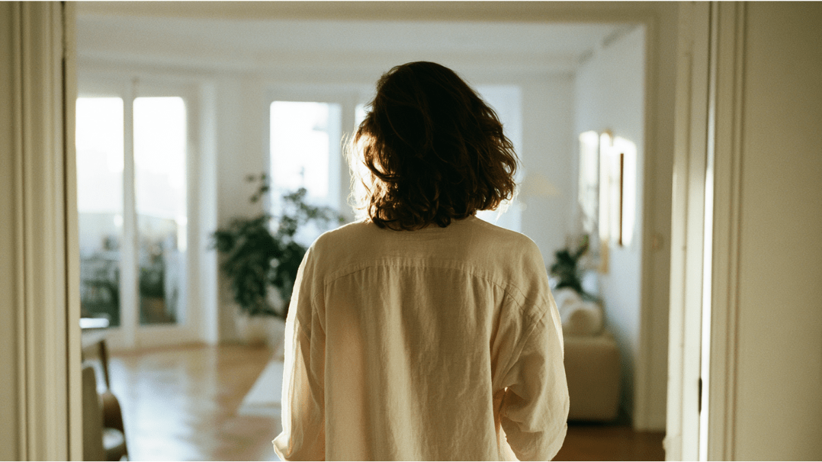 A woman seen from behind in a doorway of a sunlit modern apartment