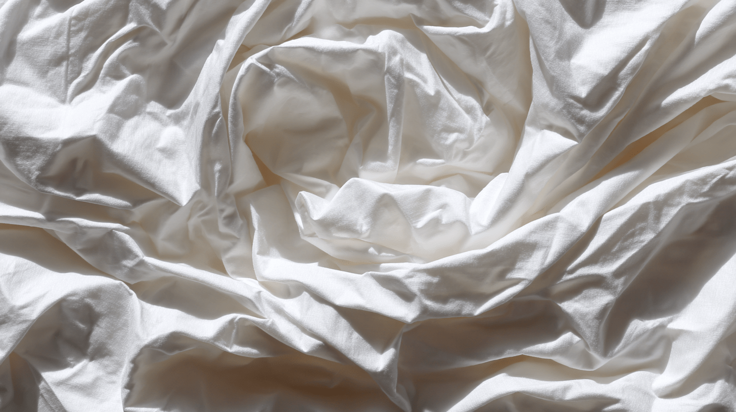 Crumpled white cotton bedsheets fill the frame, photographed from above, with soft folds and shadows creating an abstract textured composition.